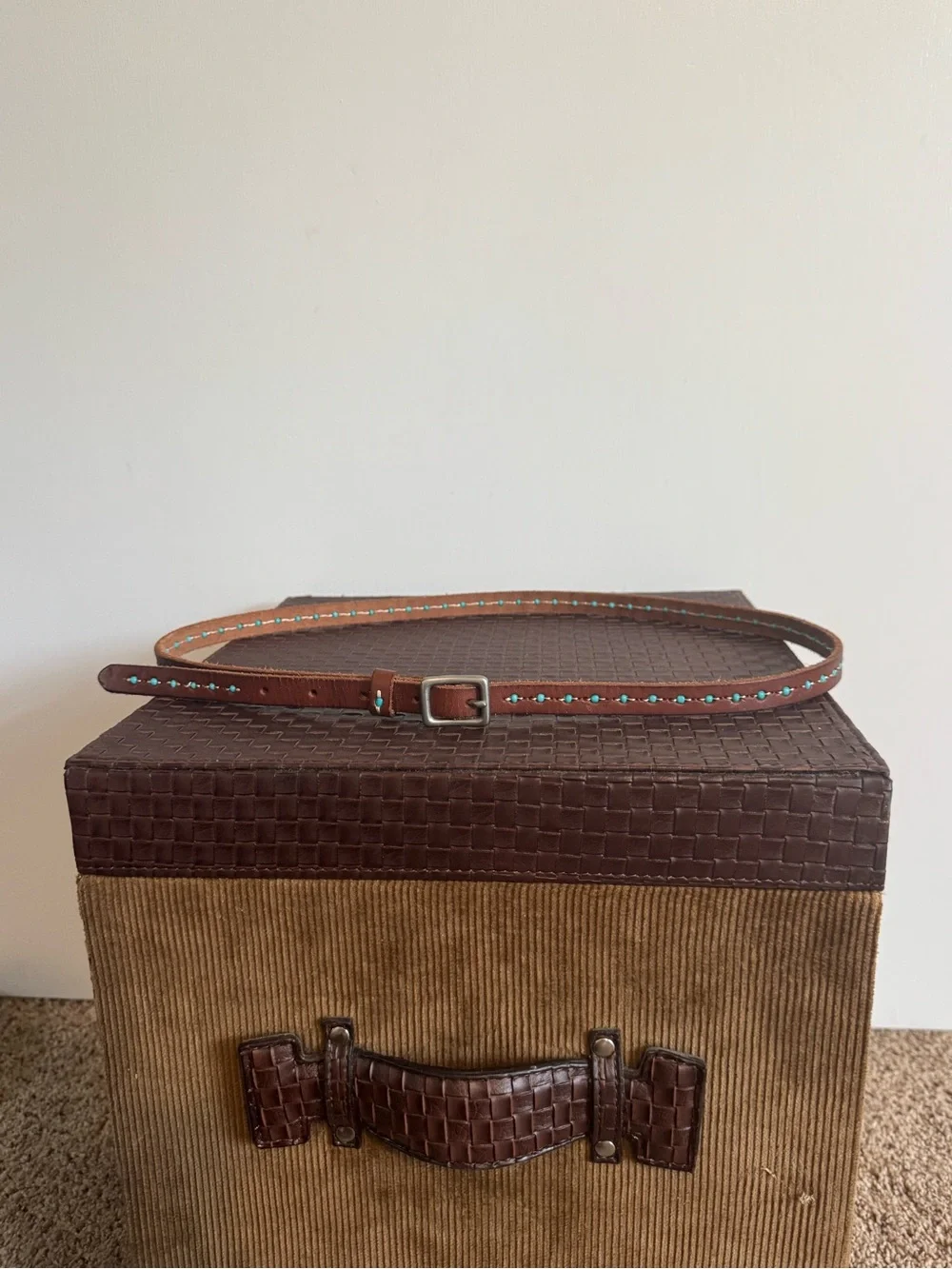 Thin Brown Leather Belt with Turquoise Beaded stitching